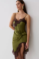 Amber Satin And Lace Mini Dress - Olive