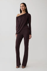 Yuri Long Sleeve Off Shoulder Draped Top - Chocolate