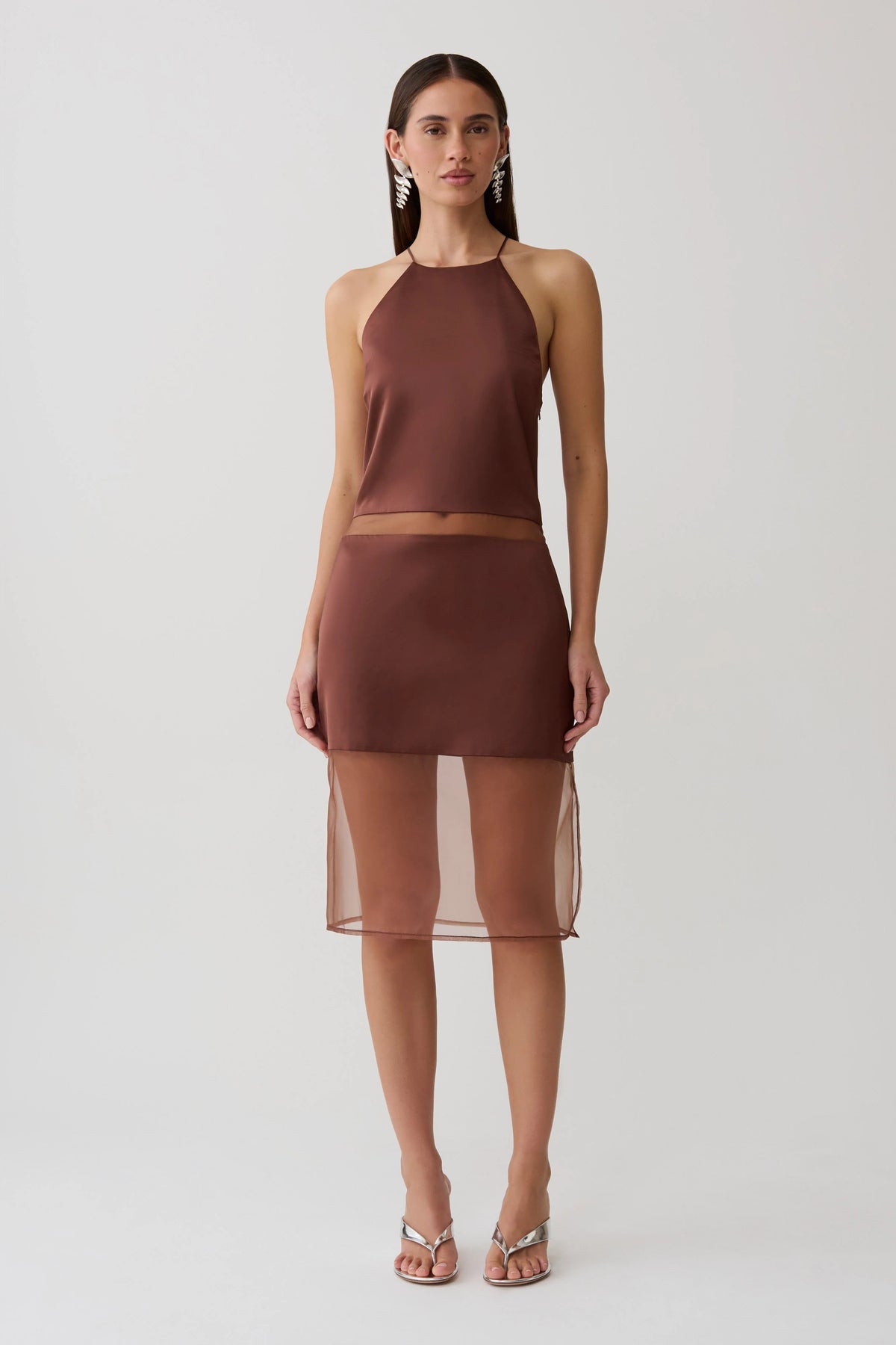 Priscilla Sheer Halter Midi Dress - Dark Chocolate
