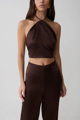 Mariana Halter Silk Blend Sleeveless Top - Dark Chocolate