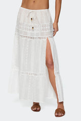 Embroidered Cotton Lace Slitted Maxi Skirt