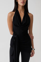 Dolorres Front Tie Halter Top - Black