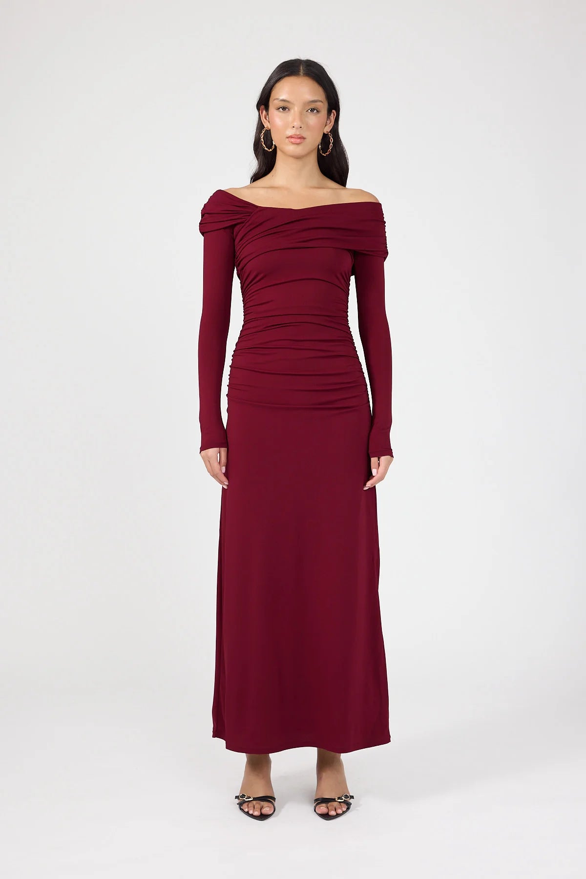 Perfect Stranger Romina Off Shoulder Maxi Dress Burgundy