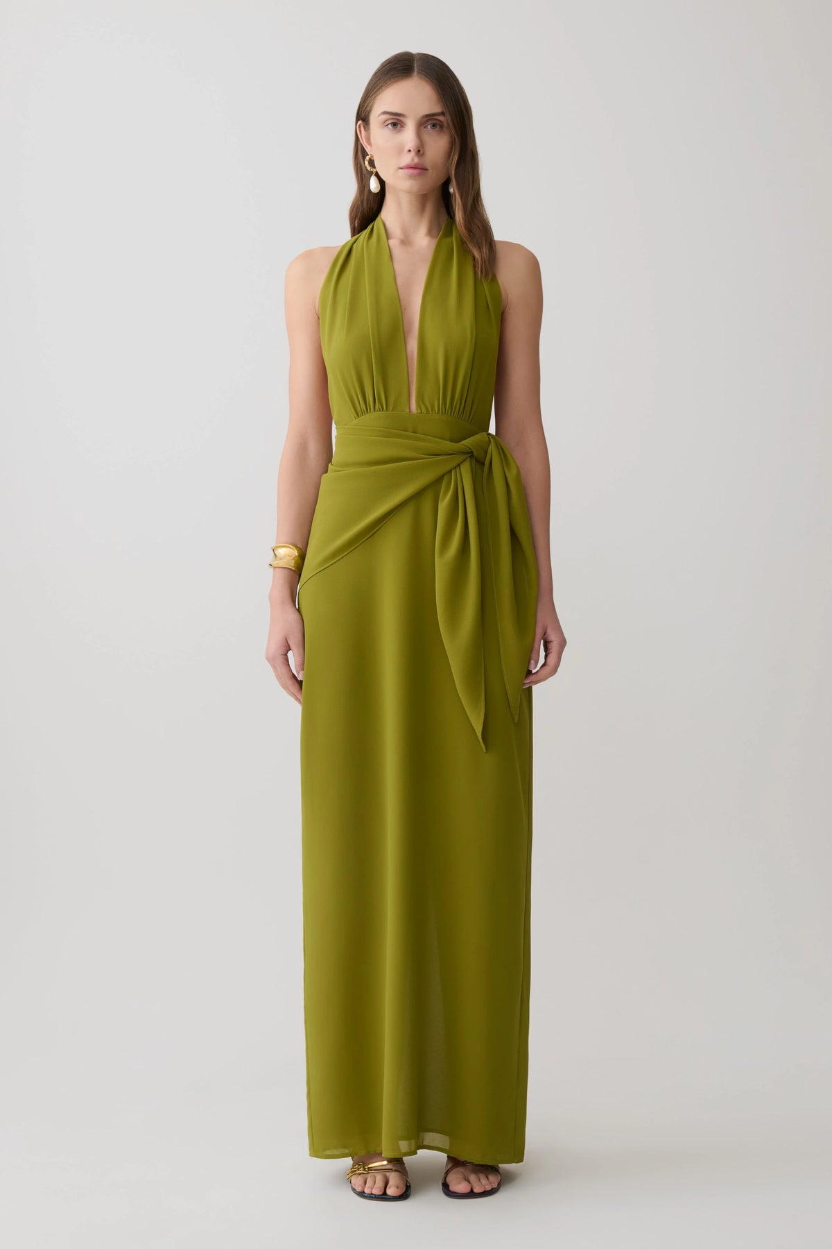 Gianna Satin Halter Maxi Dress - Olive