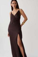 Maddison V Neck Satin Maxi Dress - Dark Chocolate