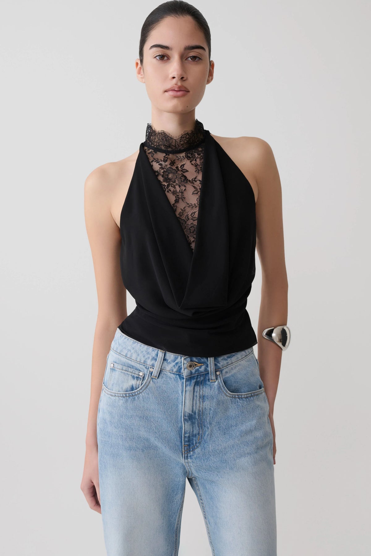 Arra Chiffon & Lace Halter Top - Black