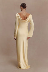 Eliza Long Sleeve Cowl Lace And Satin Maxi Dress - Lemon
