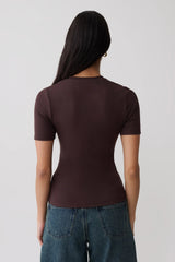Janelle High V Neck Short Sleeve Top - Chocolate