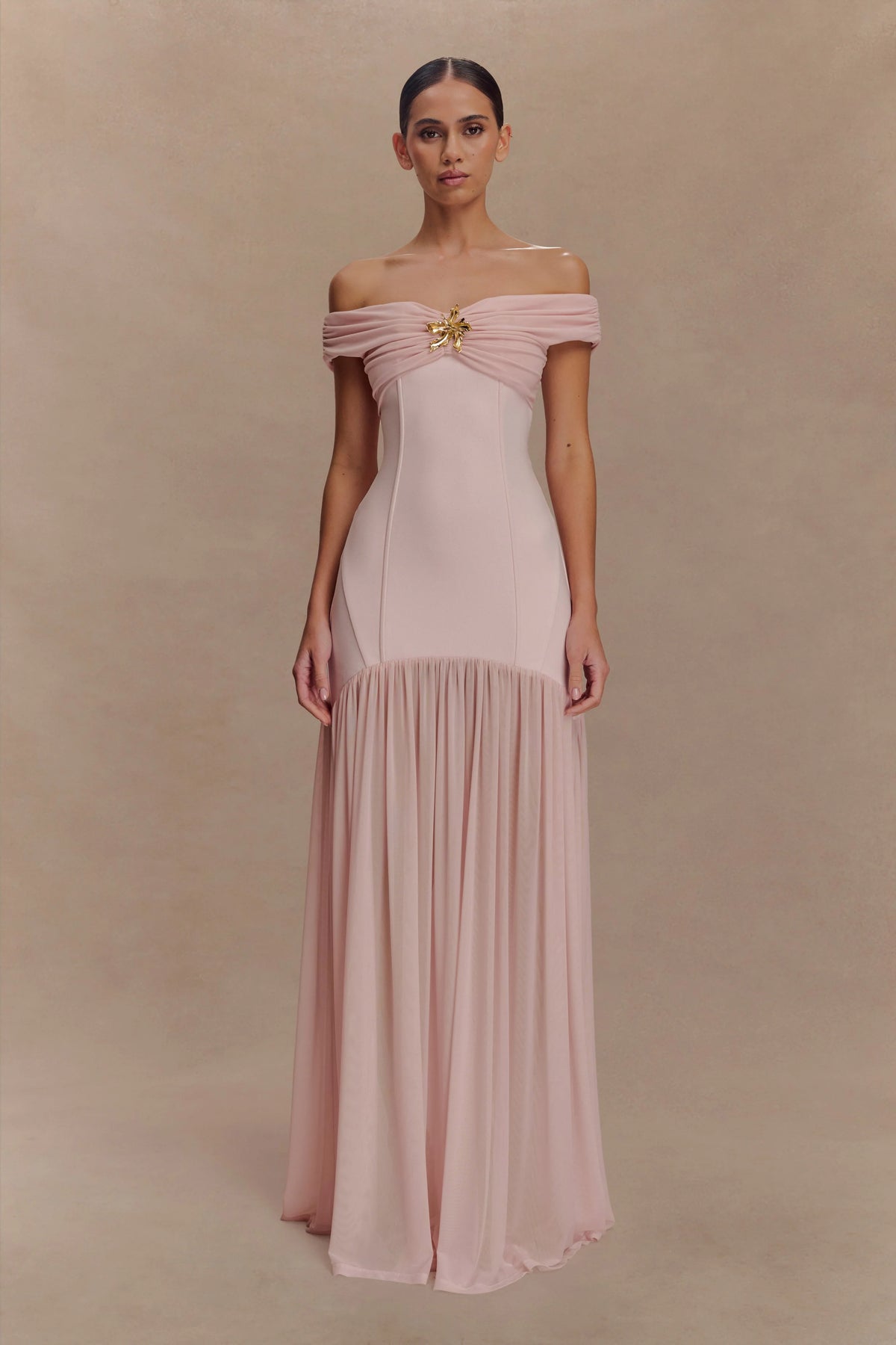 Kellie Off Shoulder Crepe Maxi Dress - Blush Pink