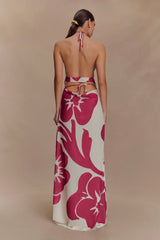 Katalina Chiffon Cowl Halter Top - Red Deco Fleur Print