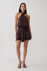 Poppy Satin Halter Mini Dress - Chocolate