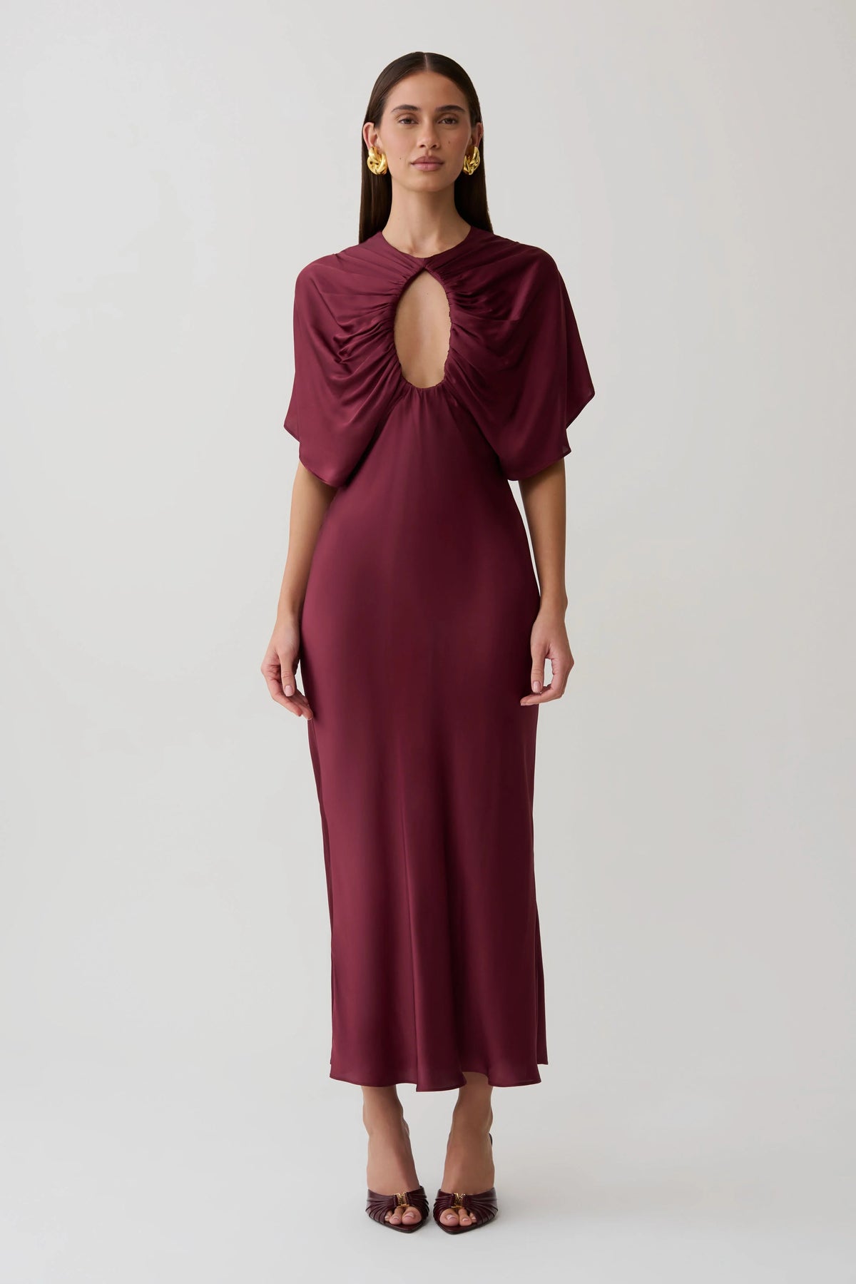 Mona Cut Out Satin Midi Dress - Burgundy