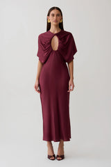 Mona Cut Out Satin Midi Dress - Burgundy