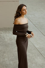 Perfect Stranger Rosetta Off Shoulder Long Sleeve Maxi Dress Ash Brown