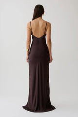 Maddison V Neck Satin Maxi Dress - Dark Chocolate