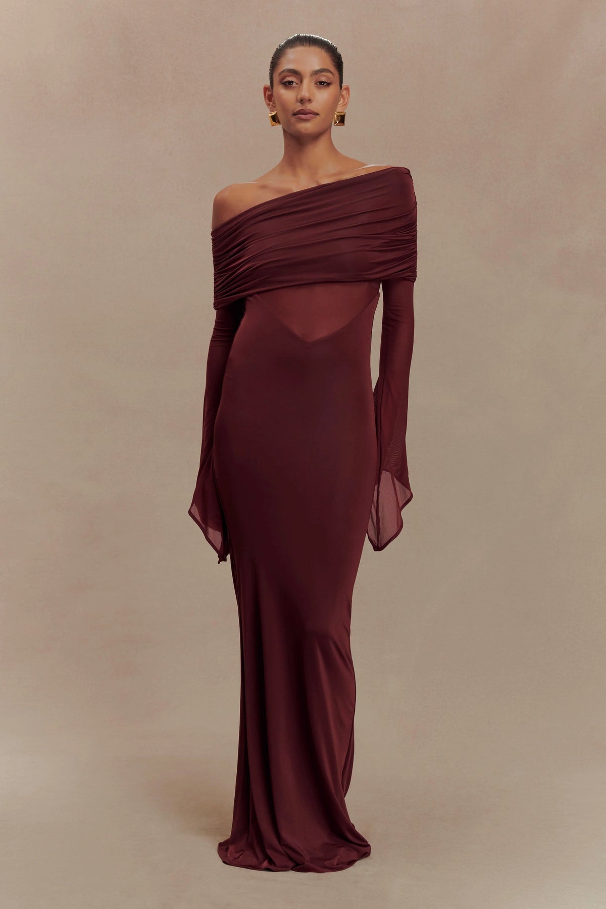 Kaitlin One Shoulder Slinky And Mesh Maxi Dress - Burgundy