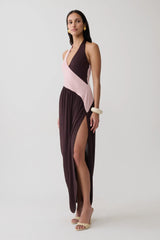 Nari Halter Gathered Maxi Dress - Muted Pink/Dark Chocolate