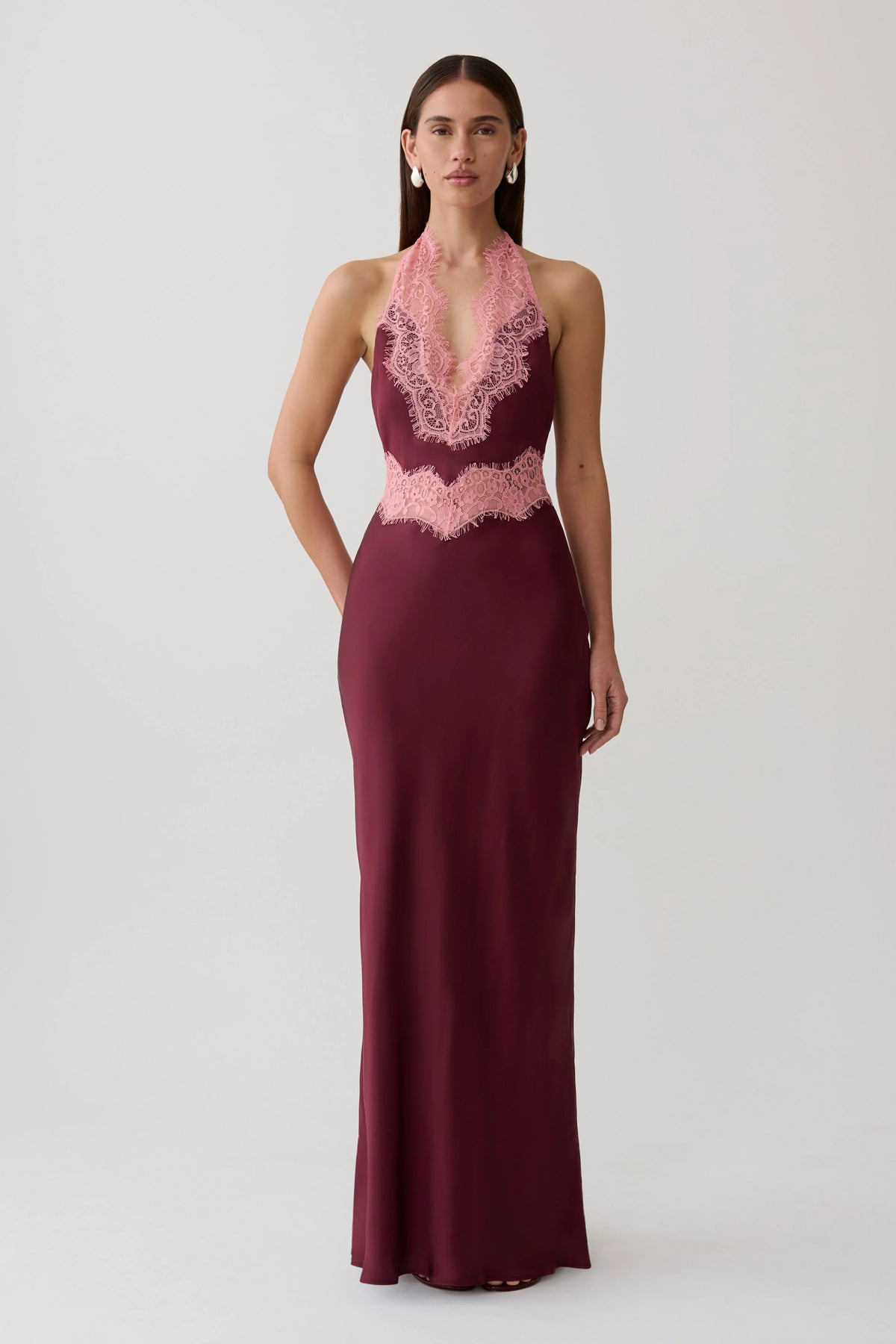 Louise Satin And Lace Maxi Dress - Burgundy
