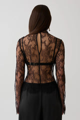Alizette High Neck Long Sleeve Lace Top - Black