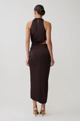 Aveline Draped Halter Midi Dress - Dark Chocolate