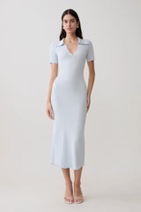 Nichelle Short Sleeve Collared Knit Midi Dress - Light Blue