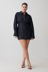 Zarah Denim Long Sleeve Mini Dress - Indigo Pinstripe
